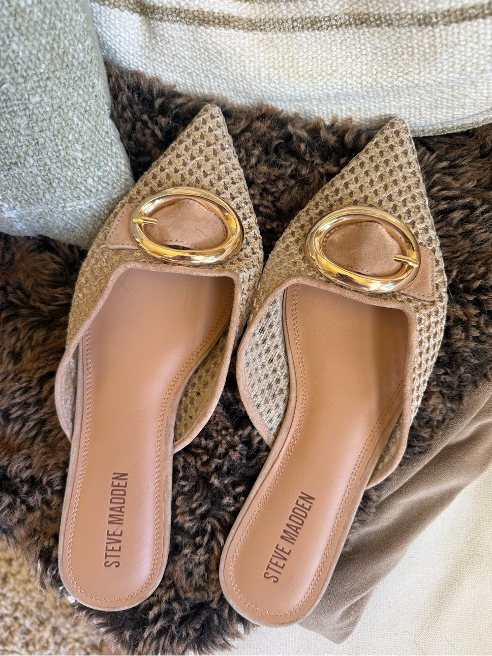 Steve Madden Tan Woven Pointed-Toe Slide with Gold Ring Accent